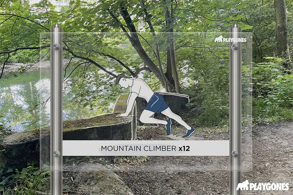 Panneau d'exercice transparent illustrant un mouvement physique sur un muret en pierre