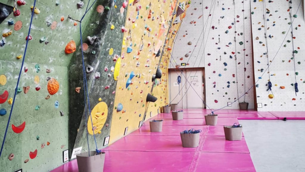Salle d'escalade aménagée avec murs et prises