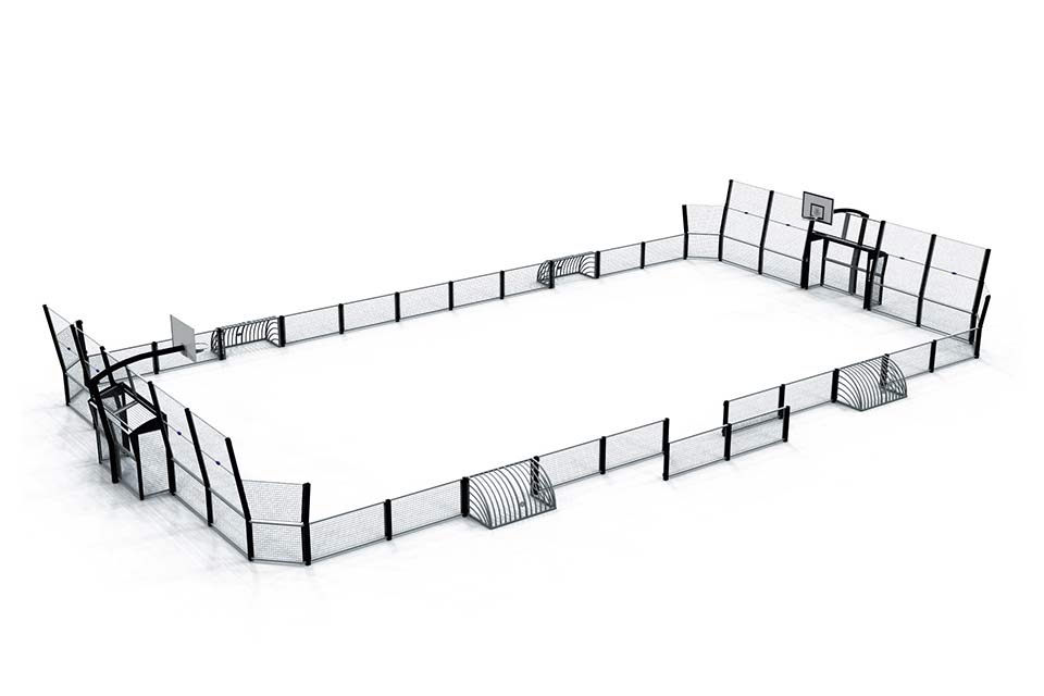 Maquette d'un Omnistadium standard D, avec des pares-ballons uniquement derrière les cages