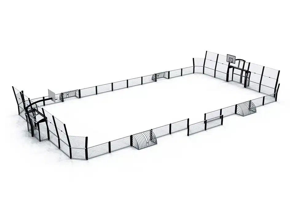 Omnistadium-standardD-13x25 Maquette d'un Omnistadium standard D, avec des pares-ballons uniquement derrière les cages
