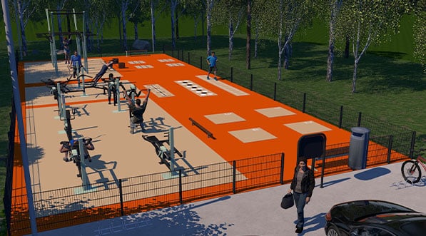 Vue 3d d'un aménagement d'une station de musculation outdoor par Omnigym