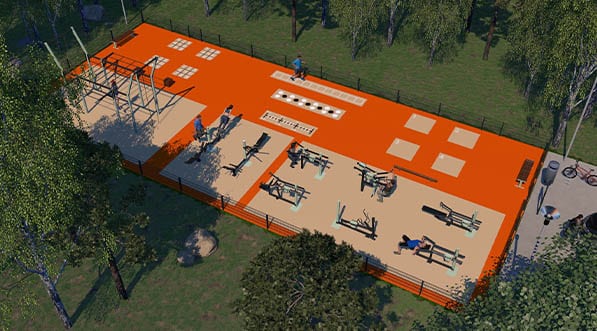 top view 3d d'une aire de musculation outdoor