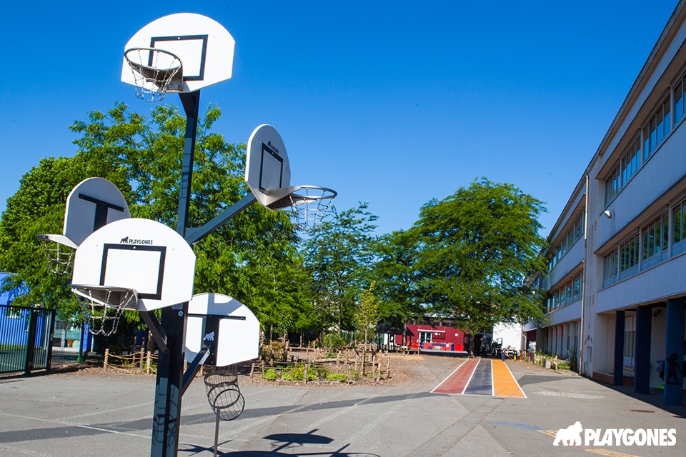 Structure de paniers de basket à plusieurs hauteurs dans une cour d'école