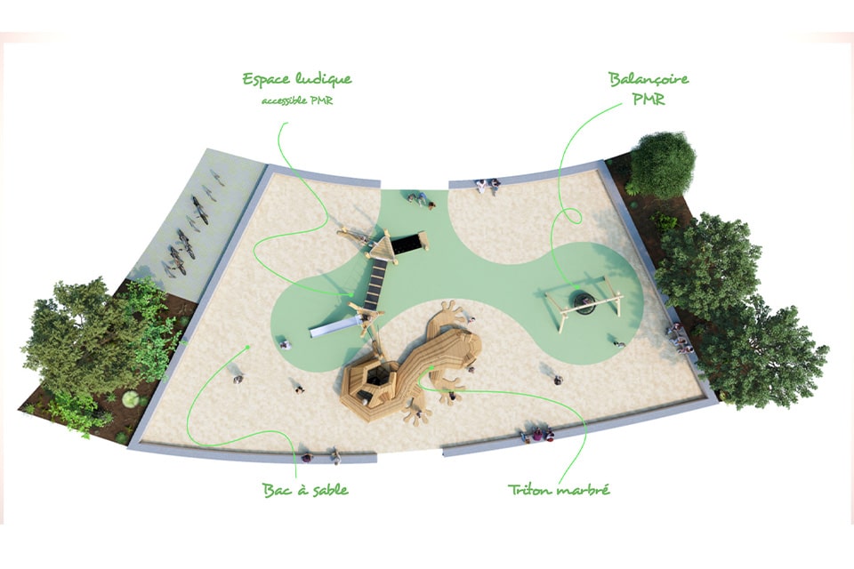 Dessin 3d d'un aménagement ludique, une aire de jeu paysagere inclusive