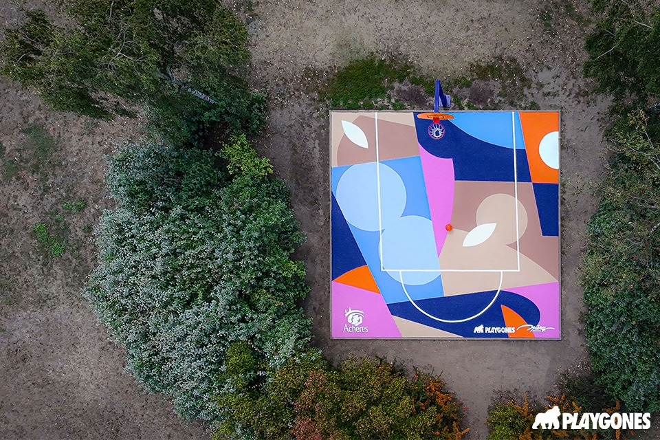 Terrain de basket 3x3 Plaine de l’Enfance Achères avec fresque artistique Stéphane Opéra
