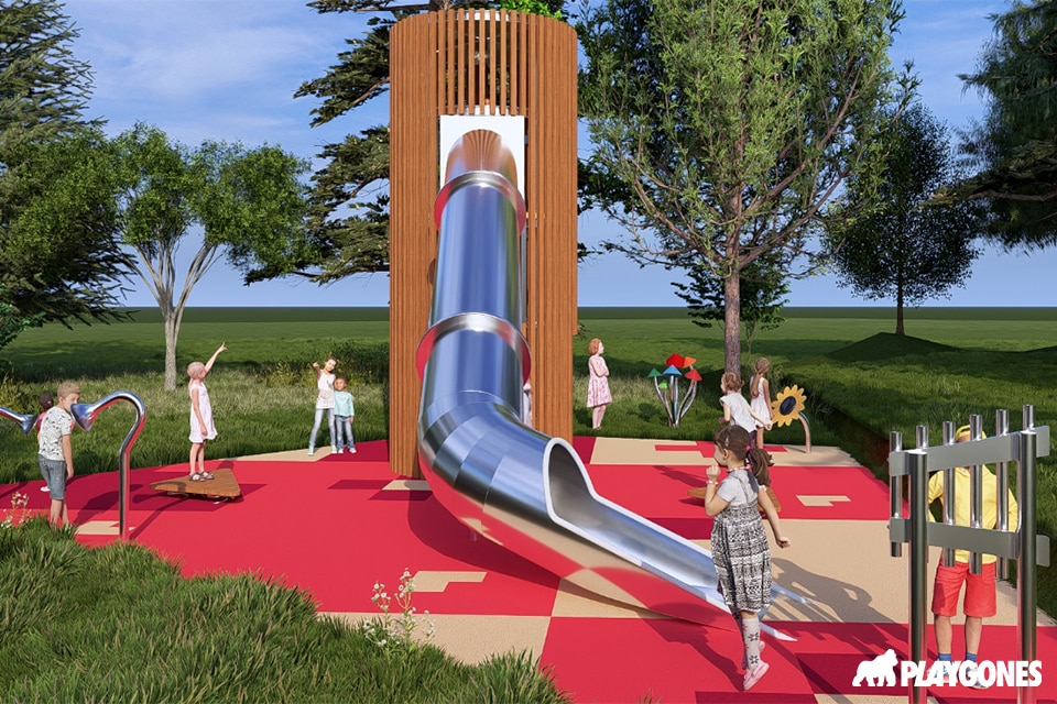 creation design studio playgones, toboggan et aires de jeux inclusive à l 'exterieur d'un hopital