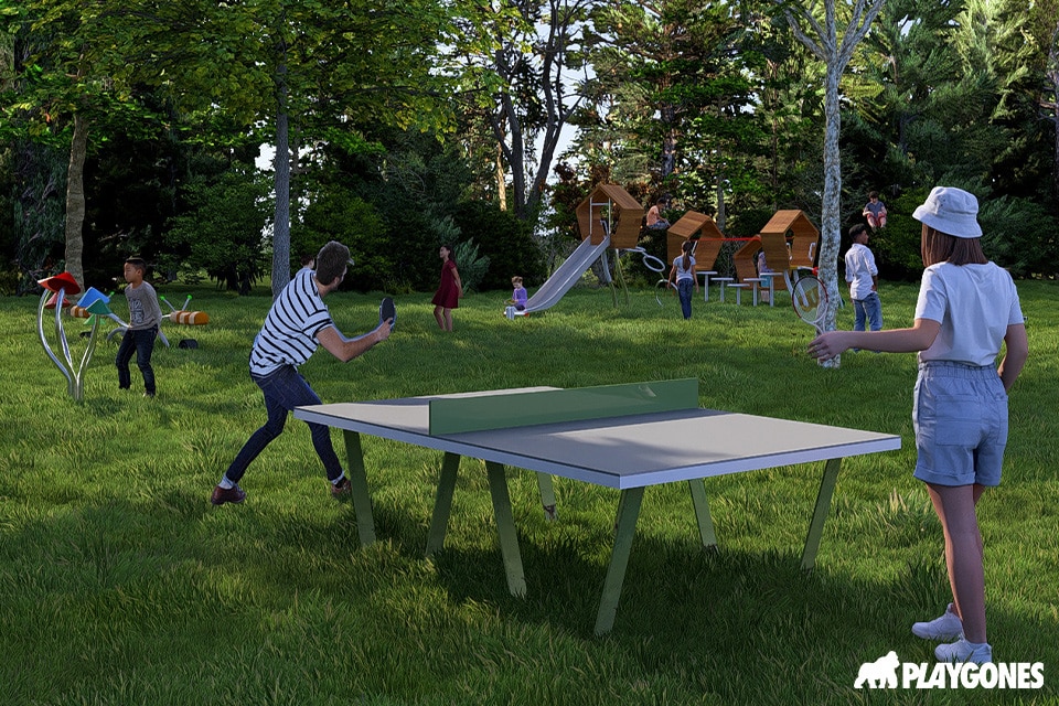 Table de ping-pong d'extérieur sur la pelouse d'un camping