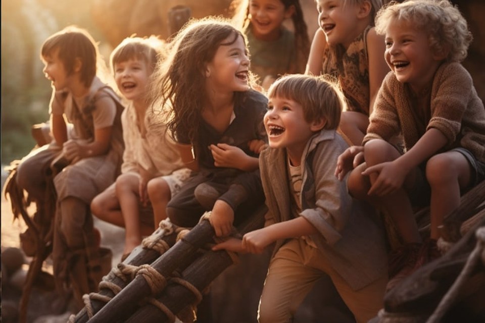 Groupe d'enfants jouant dehors, risky play
