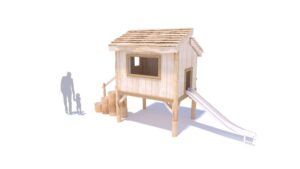Maisonnette de jeu avec toboggan et marches géantes en rondins