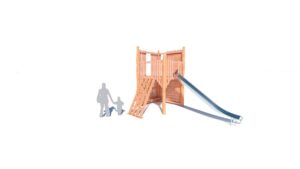 Tour de jeux avec toboggan, mur d&rsquo;escalade, triple échelle et poteau de pompier