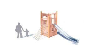 Tour junior avec toboggan, mât de pompier et filet d&rsquo;escalade
