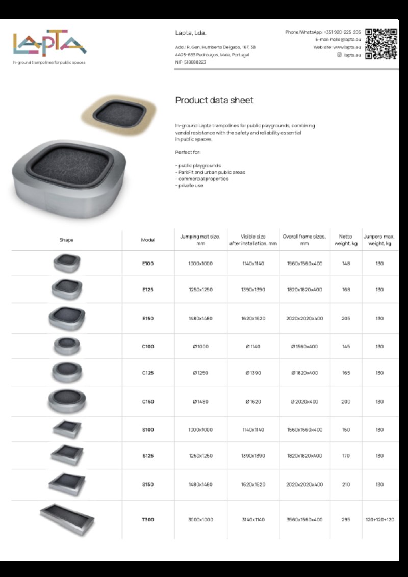 Fiche technique des trampolines enterrés Lapta distribués par Playgones