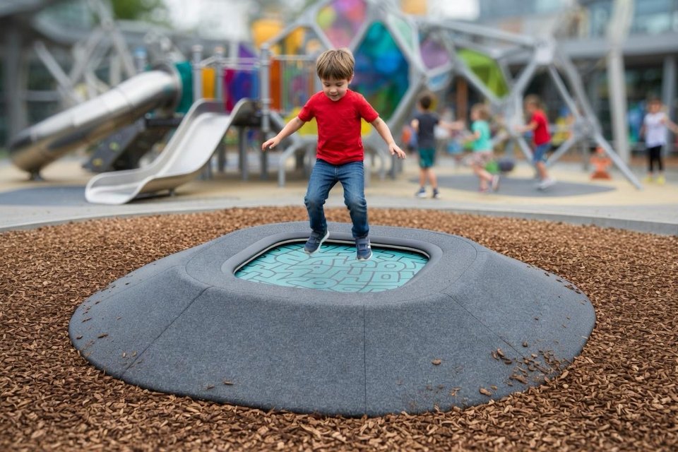 Enfant sautant sur un trampoline sur butte Hilltramp Lapta