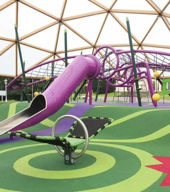 Aire de jeux thématique libellule géante sous une coupole