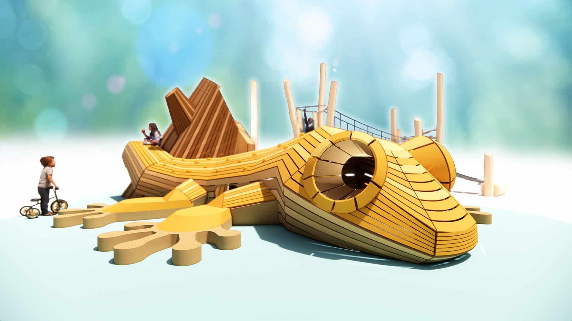 Vue 3D d'une aire de jeux en bois sur mesure