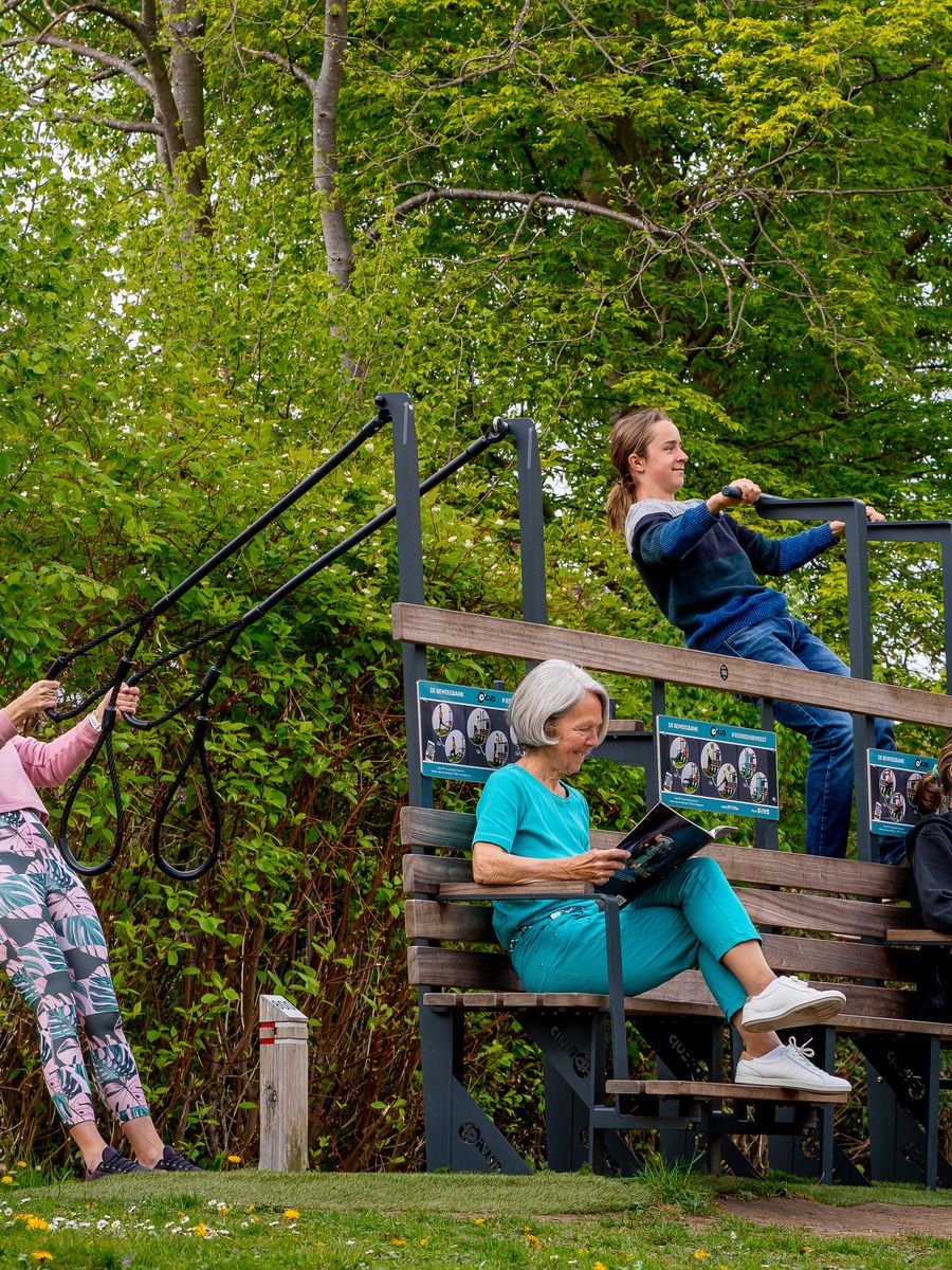 Seniors et adultes sur un banc actif en plein air
