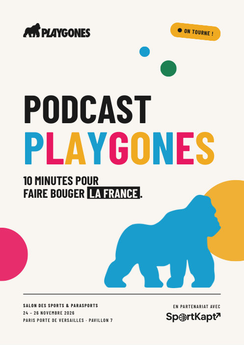 Couverture de l'invitation Podcast Playgones : PLAYGONES en bleu, fuchsia et orange, avec le gorille Playgones